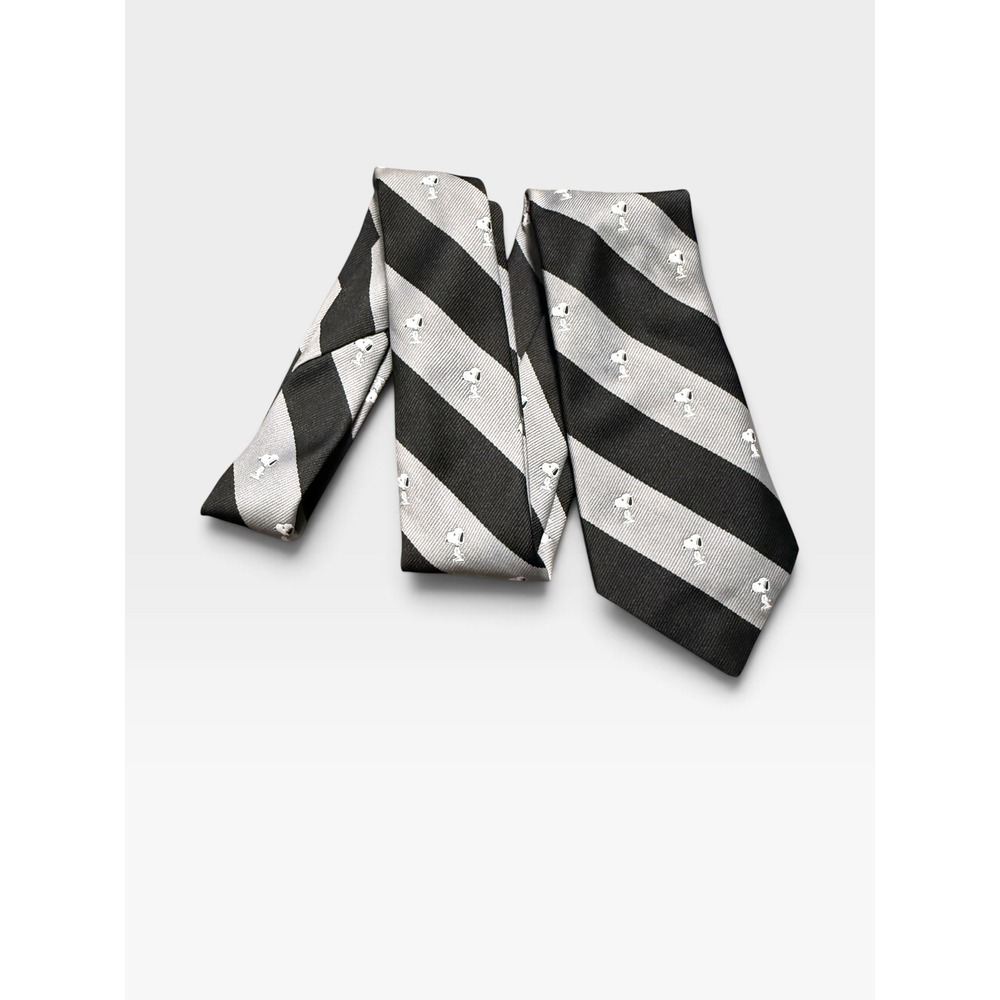 Vintage Cervantes Snoopy Peanuts Repp Tie Black Silver Striped Silk Blend USA